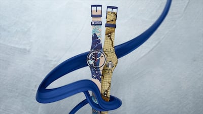 The watch is inspired by The Great Wave off Kanagawa by Katsushika Hokusai and an astrolabe by Muhammad ibn Ahmad Al-Battuti. Photo: Swatch