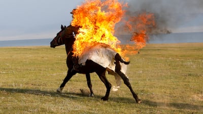 A horseback rider performs a fire stunt during a show organized for the participants of the "Gallops" orienteering and endurance equestrian race in Kyrgyzstan. Reuters