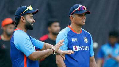 New India captain Rishabh Pant with coach Rahul Dravid during a practice session at the Arun Jaitley Stadium in New Delhi ahead of the first T20 against South Africa. AFP