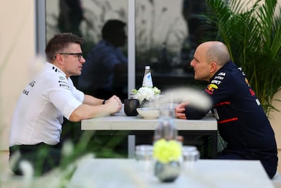 Peter Bonnington, race engineer of Mercedes AMG Petronas F1 Team, left, and Gianpiero Lambiase, head of Racing of Oracle Red Bull Racing talk in the paddock during previews. Getty Images