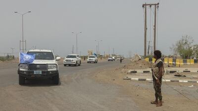 Members of the UN in the Yemeni port city of Hodeida on May 5, 2019. AFP