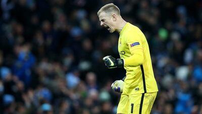 Joe Hart of Manchester City celebrates during their Champions League victory at the Etihad Stadium on Tuesday night. Alex Livesey / Getty Images