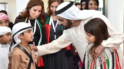 Sheikh Mohammed meets children and staff at the inauguration of the Al Jalila Child Culture Centre in Jumeirah, Dubai. The centre is the first of its kind in the Middle East. Wam