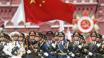 Chinese servicemen march during the Victory Day military parade in the Red Square in Moscow. Yuri Kochetkov / EPA
