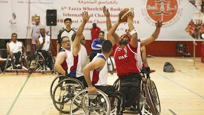 The UAE's men's wheelchair basketball team in action against Jordan at Al Ahli Sports Club in Dubai. Lee Hoagland / The National
