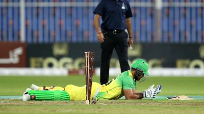 Samiullah Shenwari for the Paktia is run out during the game between Balkh Legends and Paktia Panthers in the Afghanistan Premier League. Chris Whiteoak / The National