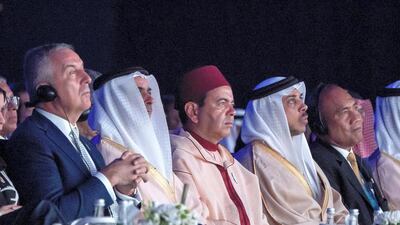 Sheikh Saif bin Zayed, Deputy Prime Minister and Minister of Interior, Moulay Rachid, Prince of Morocco (3rd L), Sheikh Mansour bin Zayed, Deputy Prime Minister and Minister of Presidential Affairs, and other dignitaries attend the opening ceremony of the World Future Energy Summit. Rashed Al Mansoori / Ministry of Presidential Affairs