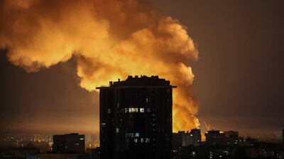 The explosion from a drone strike lights up the sky over Kyiv, Ukraine. Reuters