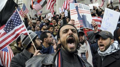 People participate in a Yemeni protest against President Donald Trump's travel ban in the Brooklyn borough of New York City, U.S. February 2, 2017. REUTERS/Stephanie Keith