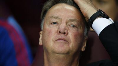 Manchester United manager Louis van Gaal reacts during his team's Premier League victory over Aston Villa on Friday in Birmingham. Andrew Coulridge / Action Images / Reuters / August 14, 2015