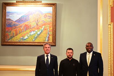US Secretary of State Antony Blinken, Ukraine's President Volodymyr Zelenskyy and Britain's Foreign Secretary David Lammy meet in Kyiv on Wednesday. AP