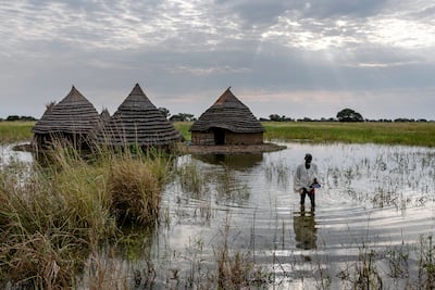 A man walks through his flooded compound to a road, in Northern Bahr el Ghazal State, South Sudan, on October 20, 2021. His field of sorghum, which fed his family, is under water. AP