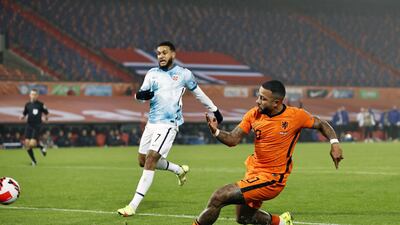 Memphis Depay of Netherlands scores to make it 2-0. EPA