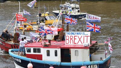 A flotilla of fishing trawlers, or the 'Fishing for Leave Flotilla’, sails up the river Thames. Facundo Arrizabalaga / EPA