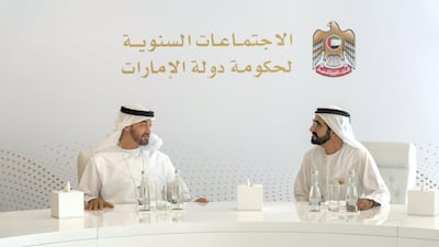 ABU DHABI, UNITED ARAB EMIRATES - September 26, 2017: HH Sheikh Mohamed bin Zayed Al Nahyan Crown Prince of Abu Dhabi Deputy Supreme Commander of the UAE Armed Forces (L) and HH Sheikh Mohamed bin Rashid Al Maktoum, Vice-President, Prime Minister of the UAE, Ruler of Dubai and Minister of Defence (R), chair a meeting of UAE Crown Princes during the UAE Government annual meeting, at The St Regis Saadiyat Island Resort. ( Rashed Al Mansoori / Crown Prince Court - Abu Dhabi ) ---