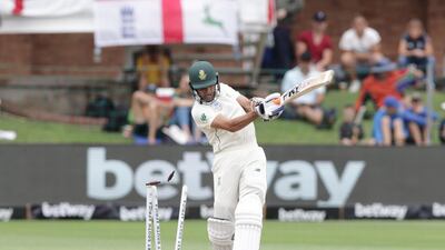 South Africa's Keshav Maharaj is bowled by Stuart Broad. AFP