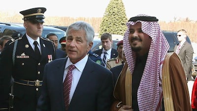 The US defence secretary Chuck Hagel welcomes Saudi Arabia’s Prince Salman bin Sultan in Arlington, Virginia. Two two discussed miliatry ties. Mark Wilson / Getty Images / AFP / March 20, 2014