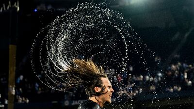 Addison Barger of the Toronto Blue Jays shakes off water after his baseball team defeated the Los Angeles Angels at Rogers Centre in the Canadian city. AP