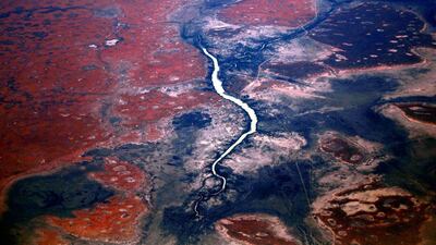 A river can be seen flowing among sand dunes in the Tanami Desert.