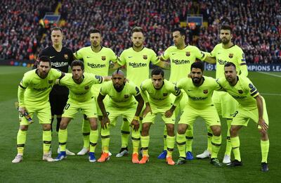 Barcelona's starting eleven poses at Anfield. EPA