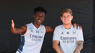 Arsenal's Sambi Lokonga and Emile Smith Rowe during the training session in Herzogenaurach, Germany.