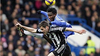 Newcastle's Michael Owen vies with Chelsea's John Mikel Obi during their 0-0 draw at Stamford Bridge.