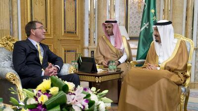 Saudi Arabia’s King Salman, right, met US defence secretary Ashton Carter, left, at Al Salam palace in Jeddah on July 22, 2015. Mr Carter was in Saudi Arabia as part of a regional tour aimed at reassuring Washington’s allies over the nuclear deal with Iran. Carolyn Kaster/AFP Photo