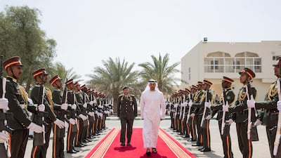 A guard of honour for Sheikh Mohamed bin Zayed, Crown Prince of Abu Dhabi and Deputy Supreme Commander of the Armed Forces, as he arrives at Zayed II Military College on October 6, 2016. Photo: Crown Prince Court - Abu Dhabi