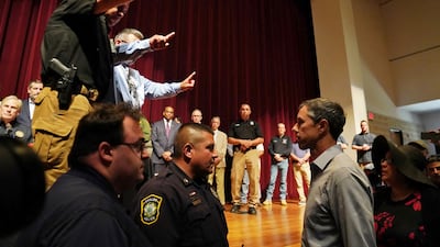 Texas Democratic candidate for governor, Beto O'Rourke, disrupts a press conference held by Governor Greg Abbott the day after a gunman killed 19 children and two teachers at Robb Elementary school in Uvalde, Texas. Reuters