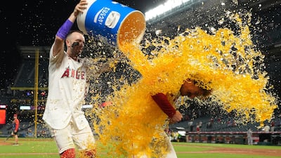 Los Angeles Angels left-fielder Wade Meckler is doused by shortstop Zach Neto after hitting a walk-off single in the 10th inning against the Minnesota Twins at Angel Stadium in LA. Reuters