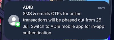 An SMS sent by Abu Dhabi Islamic Bank to customers about the change in OTP rules