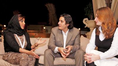 Shereen Al Nowais, left, founder and chief executive of Ta’leem Centre, with Youssef Sabri and Rebecca Hawkswell during the workshop hosted by the centre in Abu Dhabi. Christopher Pike / The National