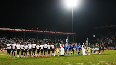 The teams line up prior to the Dubai Rugby Sevens World Series Final between Fiji and South Africa, at The Sevens, Dubai, on the 30th of November 2013. Jake Badger / The National