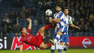 Leicester City's Shinji Okazaki has a shot at goal. Matthew Childs / Reuters