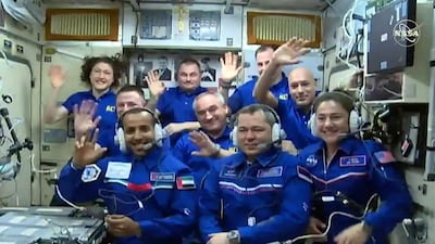 Maj Hazza Al Mansouri meets the rest of the team at the International Space Station shortly after docking. Nasa