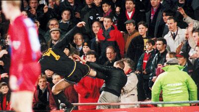 The most famous example of all time of a player losing his temper. Chasing their third successive title in 1995, Manchester United travelled to Selhurst Park, and during the second half, Eric Cantona and Palace's Richard Shaw got involved in an ugly tussle, which resulted in Cantona kicking the Crystal Palace player and getting a red card. Cantona walked towards the tunnel when a Palace fan, Matthew Simmons, raced down the terrace and screamed abuse. Cantona launched himself on to Simmon with a kung-fu style kick. The Frenchman was found guilty of assault and sentenced to two weeks in prison, later reduced to 120 hours of community service. He was banned from football for nine months. Shutterstock