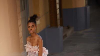 Pink, peach, lavender and blue silk organza ballgown with a hand-pleated fan-frill appliqué, Ralph & Russo Haute Couture.