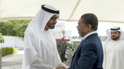 Sheikh Mohamed bin Zayed, Crown Prince of Abu Dhabi and Deputy Supreme Commander of the UAE Armed Forces, receives Dr Ali Shein, President of Zanzibar, at Al Shati Palace. Rashed Al Mansoori / Ministry of Presidential Affairs
