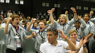 Students from Repton School in Dubai cheer as their team, Project Speed, was called as the winner of the F1 In Schools National Final winners. Delores Johnson / The National