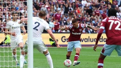 Manuel Lanzini of West Ham United scores their third goal. Getty