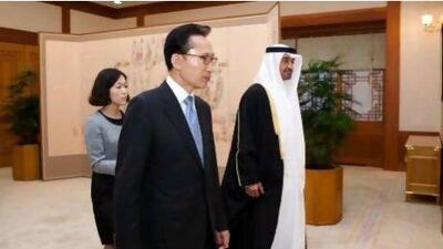 Sheikh Mohammed bin Zayed Al Nahyan, Crown Prince of Abu Dhabi, with Lee Myung-Bak, left, the president of South Korea at the presidential palace in Seoul during an official visit in 2010.