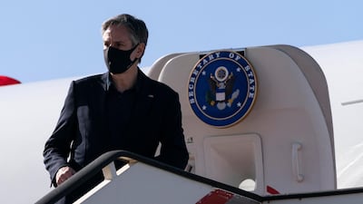 US Secretary of State Antony Blinken boards his plane at Queen Alia International Airport in Amman on May 27, 2021 after visiting Jordan on the last stop of his Middle East tour. AFP