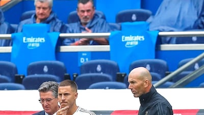 Real Madrid manager Zinedine Zidane prepares to bring on Eden Hazard. EPA