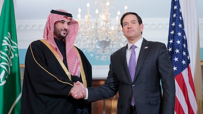 Saudi Defence Minister Prince Khalid bin Salman meets US Secretary of State Marco Rubio during a visit to Washington in February this year. Getty Images via AFP