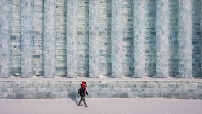 A visitor walks next to the ice sculptures. EPA