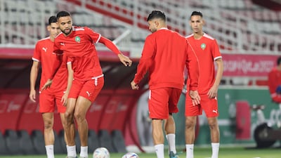 Morocco's Youssef En-Nesyri, second left, attends a training session. AFP