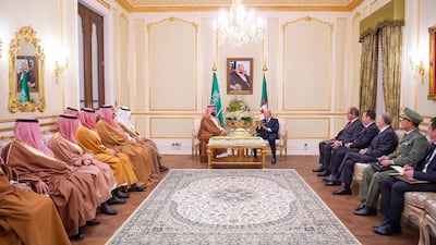 Saudi Arabia's Crown Prince Mohammed bin Salman meets with Algeria's President Abdelmadjid Tebboune in Riyadh. Courtesy of Saudi Royal Court, HO