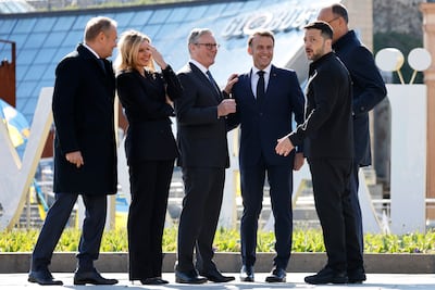 From left, Poland's Prime Minister Donald Tusk, Ukraine's first klady Olena Zelenska, Keir Starmer, France's President Emmanuel Macron, Volodymyr Zelenskyy and Germany's Chancellor Friedrich Merz. EPA