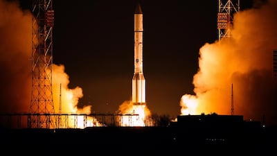 The ILS Proton launch vehicle lifts off from the Baikonur Cosmodrome in Kazakhstan with the EUTELSAT 9B satellite. Courtesy: International Launch Services (ILS)