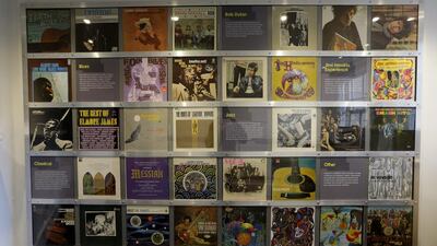 Record covers of albums Jimi Hendrix owned or made are displayed in exhibition space at his former central London flat. Matt Dunham / AP photo